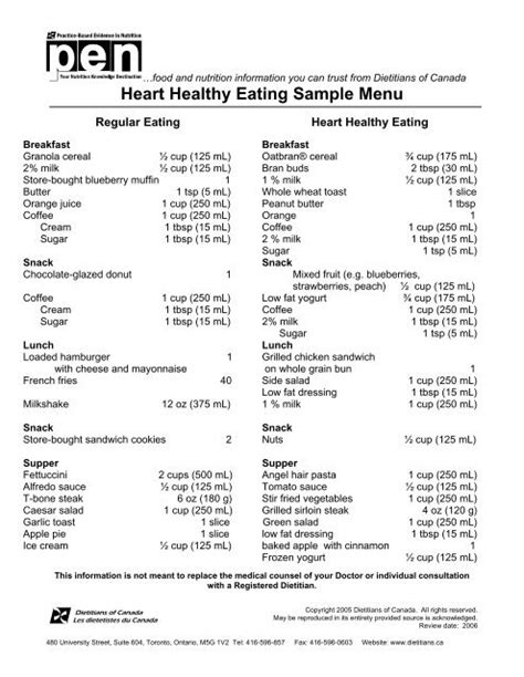 Heart Healthy Eating - Sample Menu (PDF) - Western Health