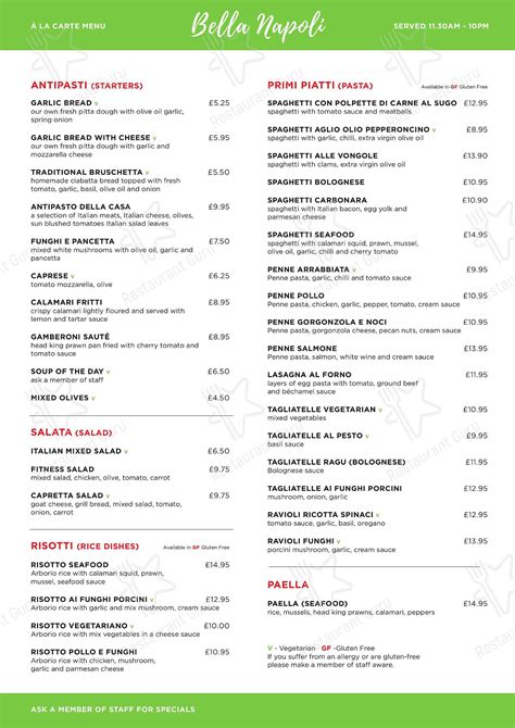 Menu at Bella Napoli restaurant, Shrewsbury