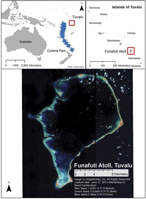 Map of Funafuti Atoll, Tuvalu, with Cyclone Pam's path (March 2015 ...