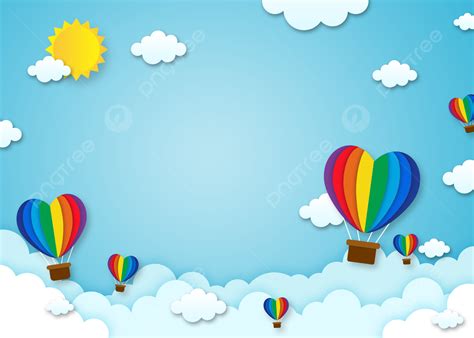 Heart Shaped Rainbow Color Paper Cut Hot Air Balloon Cloud Background, Wallpaper, Paper Cutting ...