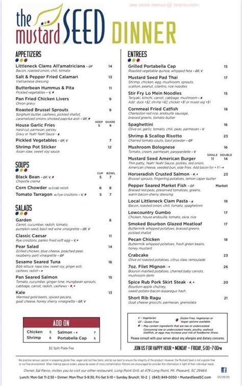 Online Menu of The Mustard Seed Restaurant, Mount Pleasant, South Carolina, 29464 - Zmenu