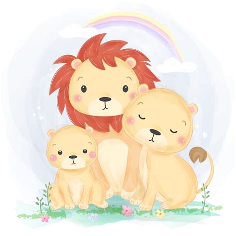 Adorable lion family illustration in watercolor style | Premium Vector