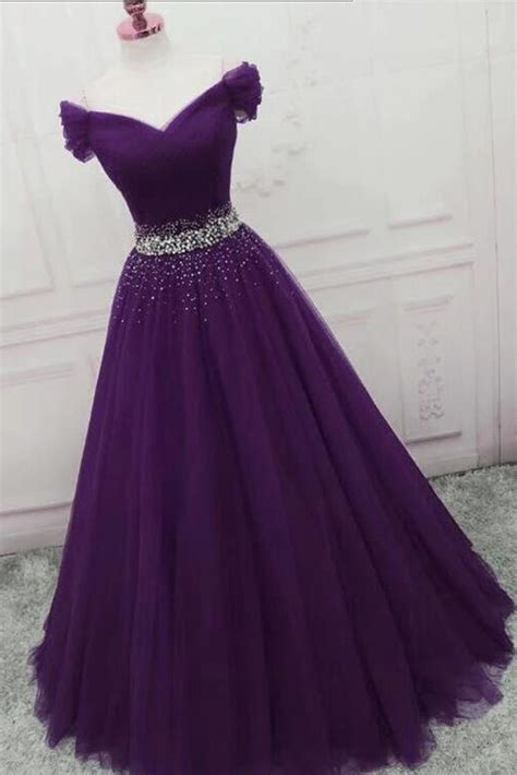 Off the Shoulder Dark Purple Long Prom Dress with Beadings, Off Should ...