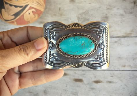 Vintage Belt Buckle for Men, Native American Indian, Turquoise Silver Navajo Belt Buckle