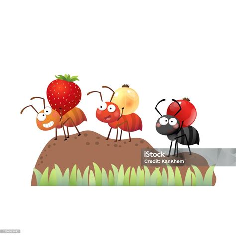 Vector Illustration Of A Cartoon Colony Of Ants Carrying Berries And Walking On The Pile Of Soil ...