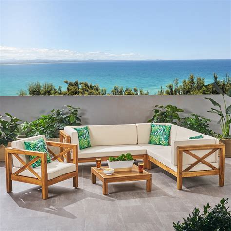 GDF Studio Morgan Outdoor 6 Seater Acacia Wood Sectional Sofa, Teak ...