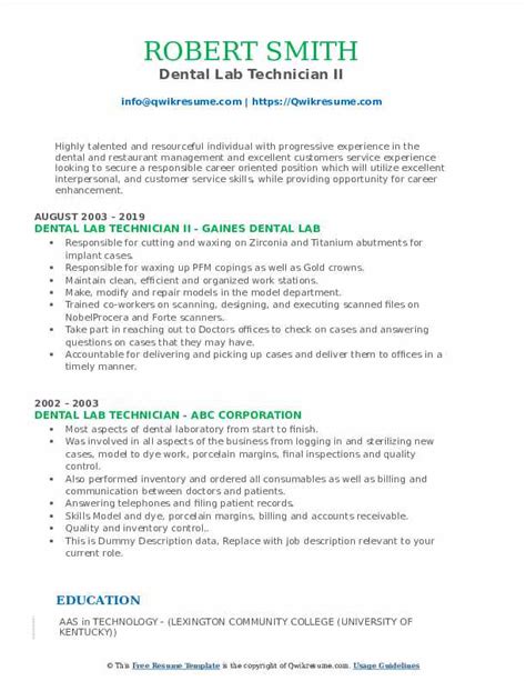 Dental Lab Technician Resume Samples | QwikResume