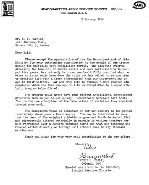 appreciation letter | US Army letter of appreciation to Bill Hargiss 1945 | Appreciation letter ...