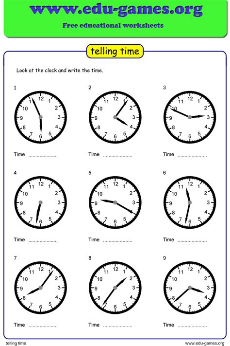 Telling Time Free Worksheets