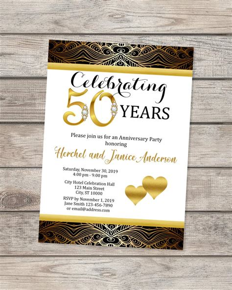 Buy 50th Wedding Anniversary Invitation, Black And Gold 50th ...