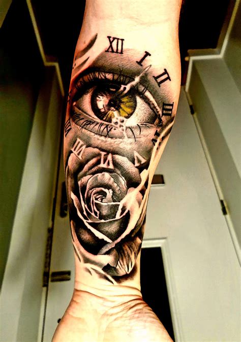 Forearm tattoo | Upper arm tattoos for guys, Clock and rose tattoo, All seeing eye tattoo