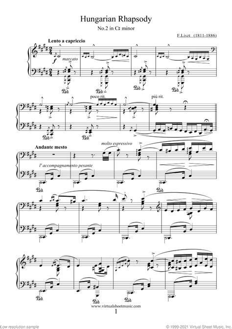 Hungarian Rhapsody No.2 sheet music for piano solo (PDF)