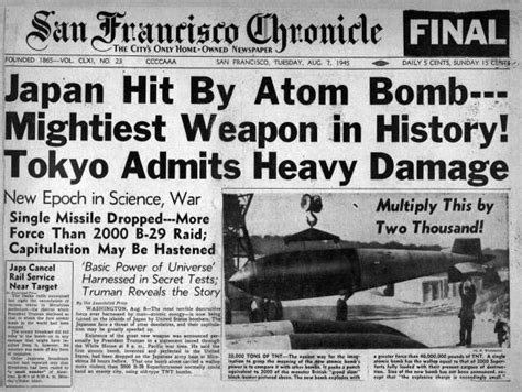 Atomic Bomb Dropped on Hiroshima, Japan – 06 August 1945. The headline ...