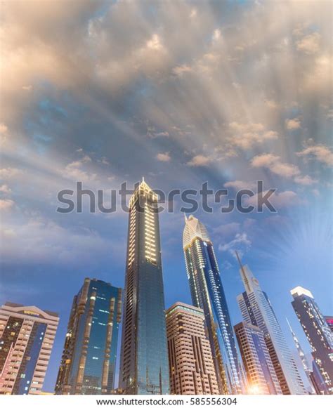 Downtown Dubai Skyscrapers Night Skyward View Stock Photo 585556304 ...