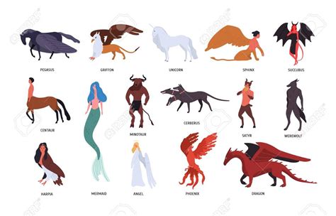 Collection of various magical mythical creatures isolated on white background. Bundle of fl ...