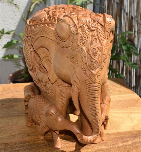 Handmade Beautiful Wooden, Hand Carved Elephant With Babies. - Etsy UK | Elephant carving ...