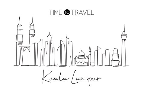 Single continuous line drawing of Kuala Lumpur city skyline, Malaysia. Famous city landscape ...