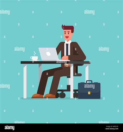 Business man working on a laptop computer at office desk. Vector illustration Stock Vector Image ...