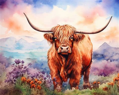 The Cow is a Watercolor Scottish Highland Cow. Stock Illustration - Illustration of dreamy ...