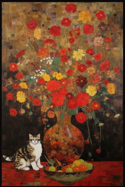 Premium AI Image | A painting of a cat and a vase of flowers