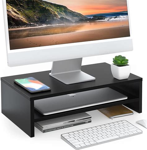 Buy FITUEYESMonitor Stand - 2 Tier Computer Monitor Riser with 16.7 Inch Shelf, Wood Desktop ...