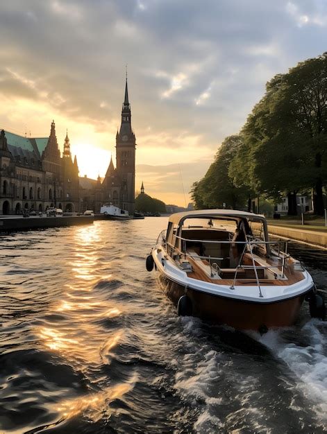 Premium Photo | Boat on the river at sunset