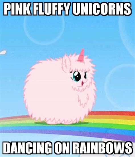 a pink fluffy unicorn sitting on top of a rainbow colored field with ...