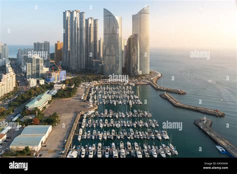 Busan city skyline view at Haeundae district, Gwangalli Beach with yacht pier at Busan, South ...