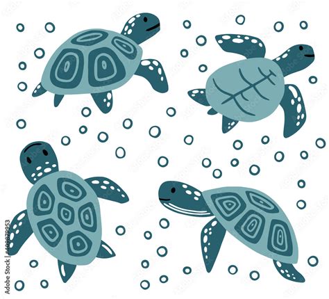 Set of big blue sea turtle cartoon cute animal design ocean tortoise ...