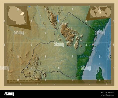 Tanga, region of Tanzania. Colored elevation map with lakes and rivers ...