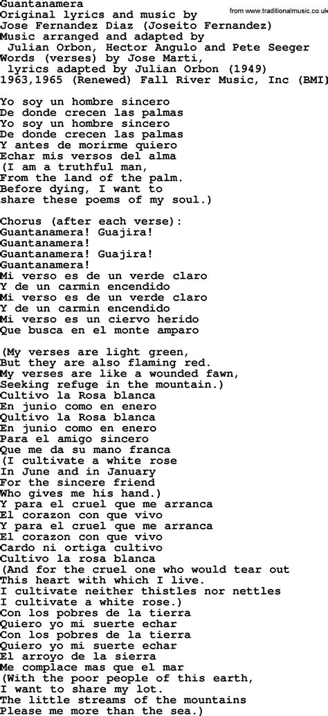 Pete Seeger song - Guantanamera lyrics