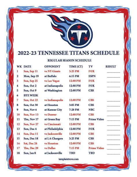 Printable 2022-2023 Tennessee Titans Schedule | Tennessee titans ...