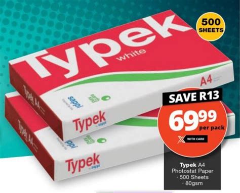 Typek A4 Photostat Paper 500 sheets - 80gsm offer at Checkers