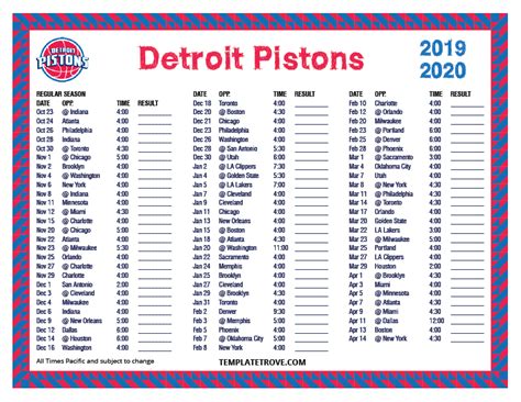 Printable 2019-2020 Detroit Pistons Schedule