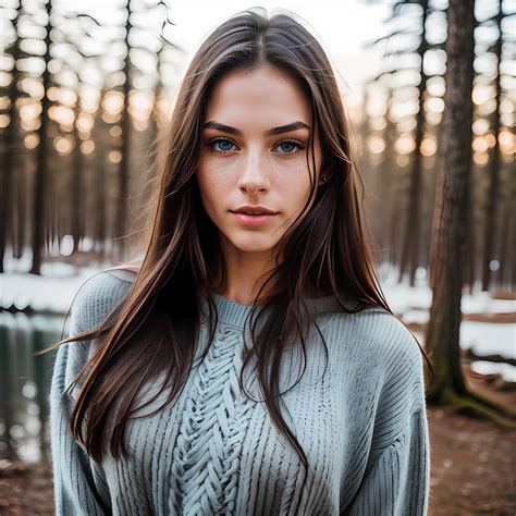 Arafed woman in a sweater standing in front of a lake - SeaArt AI