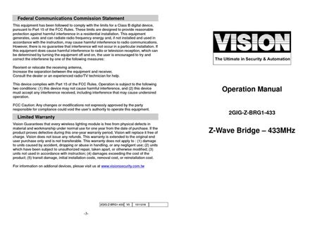 VISION 2GIG-Z-BRG1-433 OPERATION MANUAL Pdf Download | ManualsLib