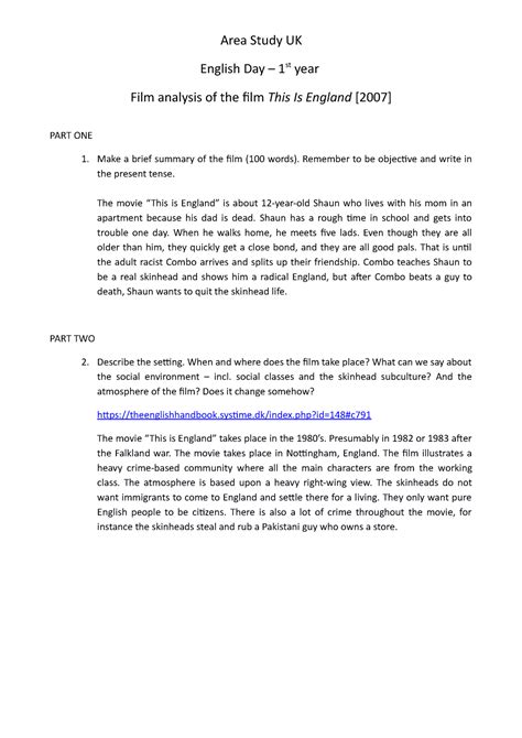 This is England - film analysis 2021 - Area Study UK English Day – 1st year Film analysis of the ...