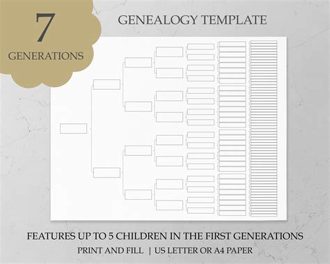 7 Generation Family Tree Template Editable Download Genealogy Worksheet Pedigree Chart Family ...