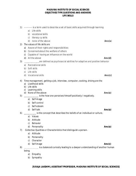 Life skills objective type question and answers