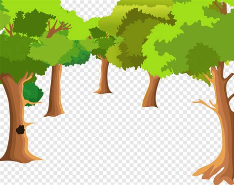 Five green leafed trees, Landscape painting Cartoon Drawing, Cartoon forest tree background ...