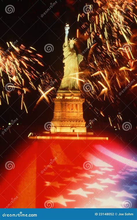 Statue of Liberty with Fireworks and U.S. Flag Stock Photo - Image of ...