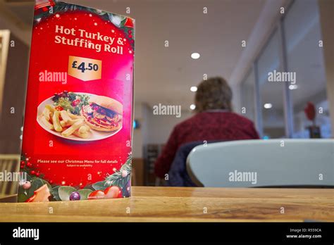 Christmas menu on a table at the Morrisons cafe in Corby, England Stock ...