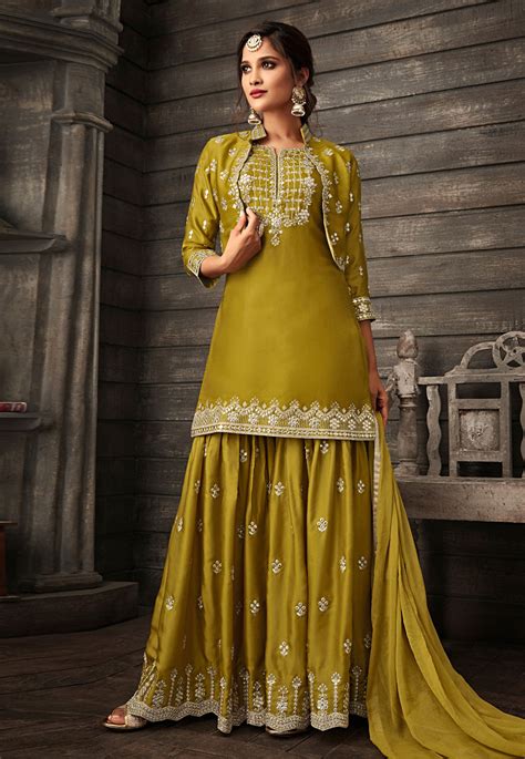 Shaded Green Crepe Embroidered Sharara Suit With Jacket 180892 | Latest salwar suit designs ...