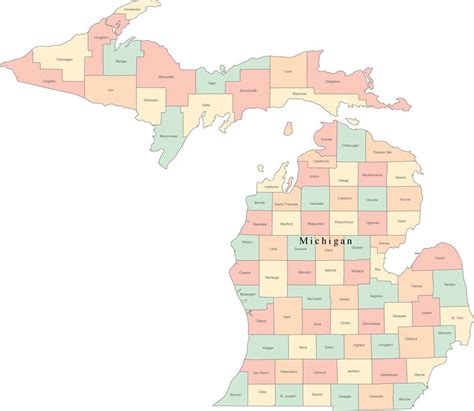 Multi Color Michigan Map with Counties and County Names