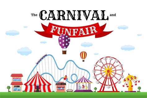 Carnival funfair banner. Amusement park with circus, carousels, roller coaster, attractions on ...