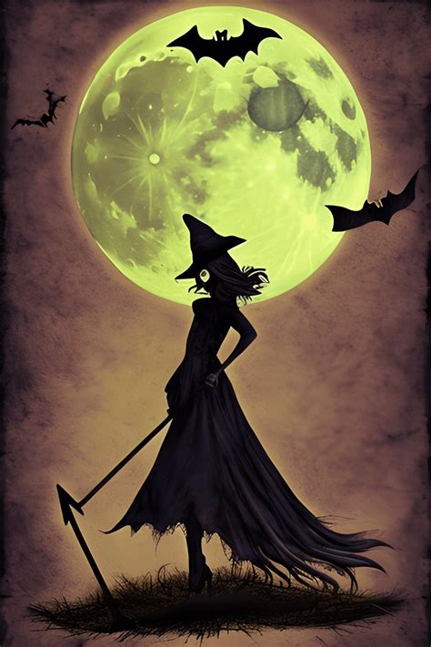 Witch Flying on Broomstick Casting Spell over Moon · Creative Fabrica