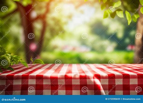 Red and White Checkered Tablecloth with Tree in the Background. Generative AI Stock Illustration ...