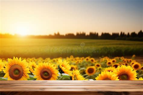 Natural Beauty Wooden Table Amidst Sunflower Field Landscape with ...