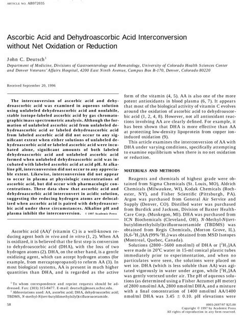 (PDF) Ascorbic Acid and Dehydroascorbic Acid Interconversion without ...