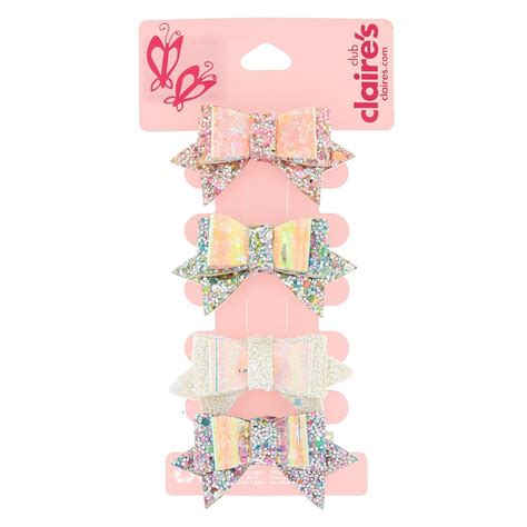 Claire's Club Glitter Bow Hair Clips - 4 Pack | Bow hair clips, Claire